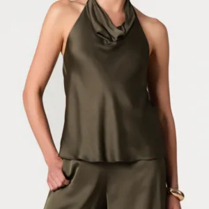 Carmen Backless Halterneck Top | Khaki